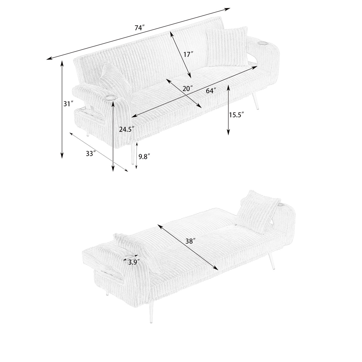 74.01 Inch Corduroy Sofa Bed with Pillows