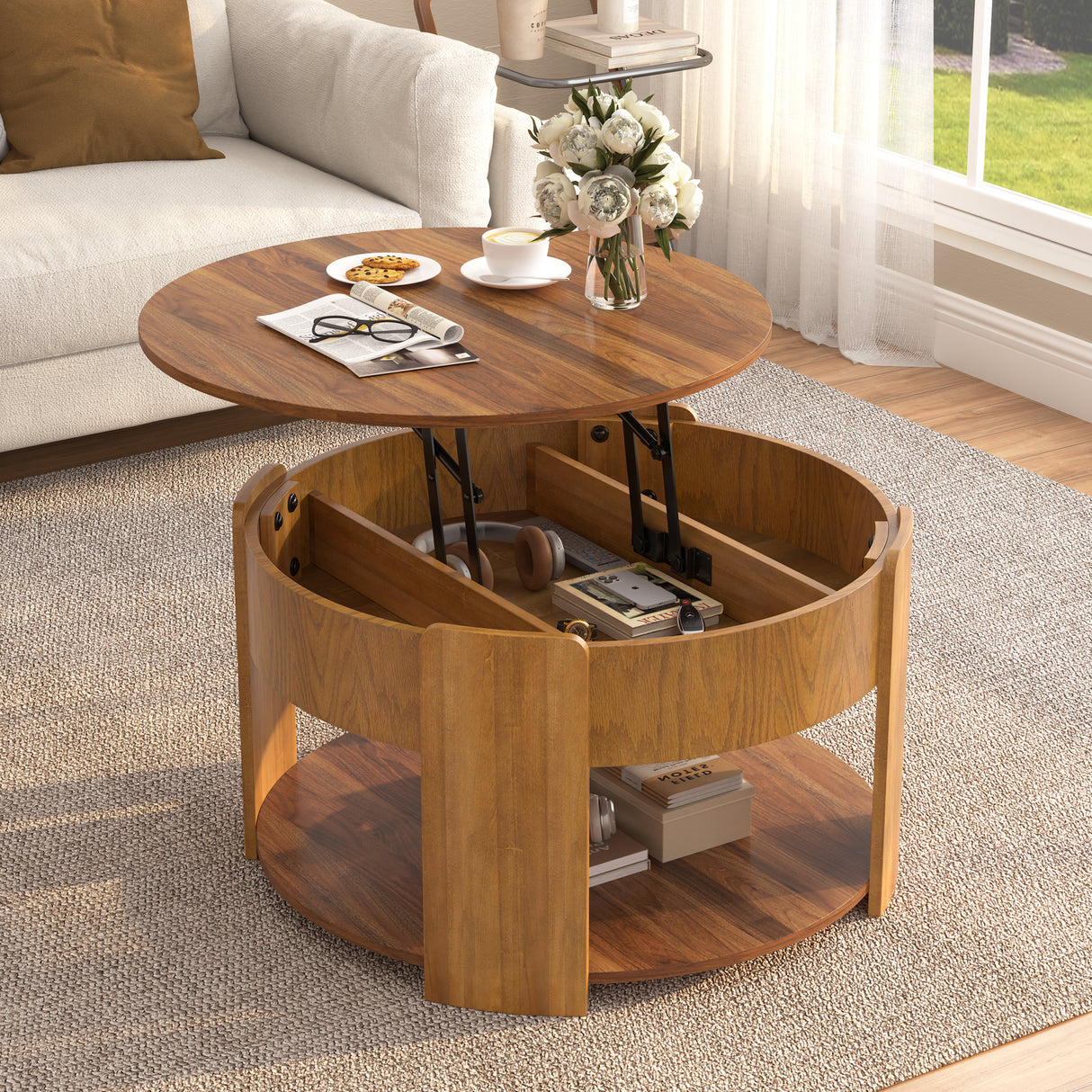 Vibe Haus Farmhouse Round Lift Top Coffee Table with Hidden Storage