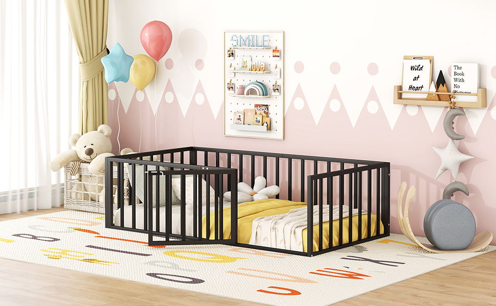 Metal Floor Bed Frame With Fence And Door