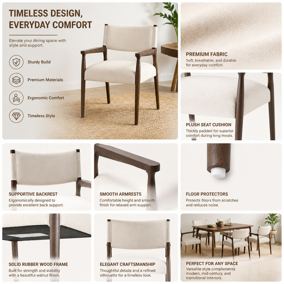 7-Piece Rectangular Dining Table Set, 70 Inch Rubber Wood