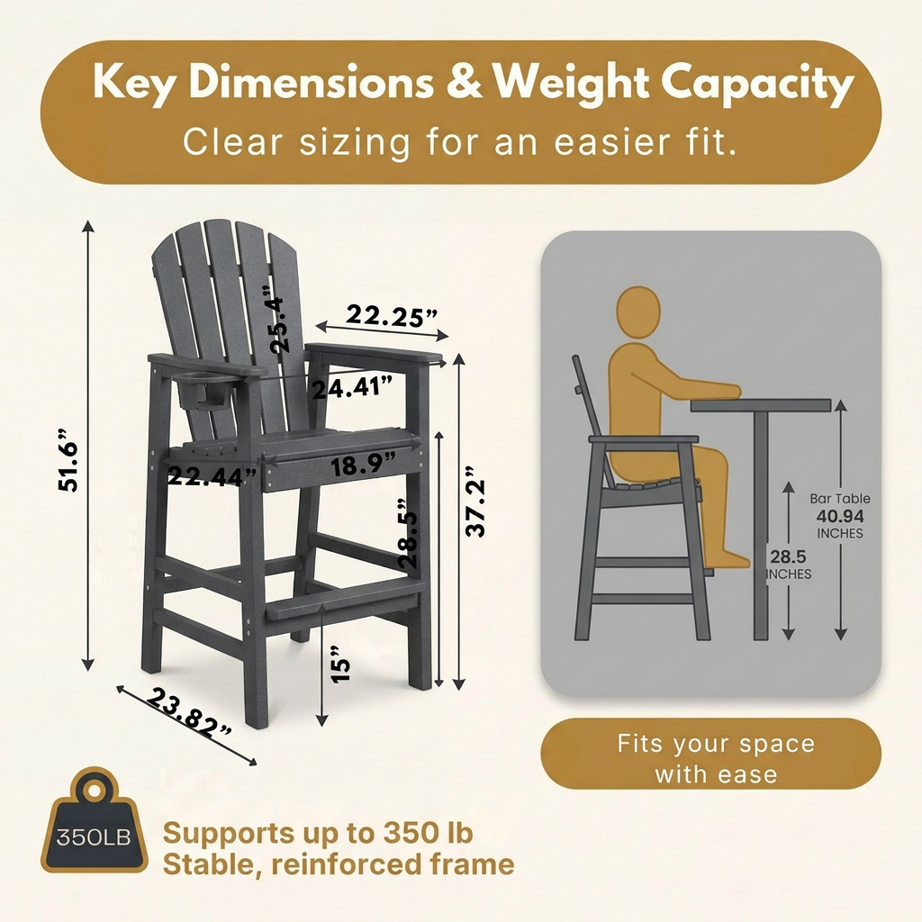 HDPE Bar Height Adirondack Chair with Cup Holder - Gray
