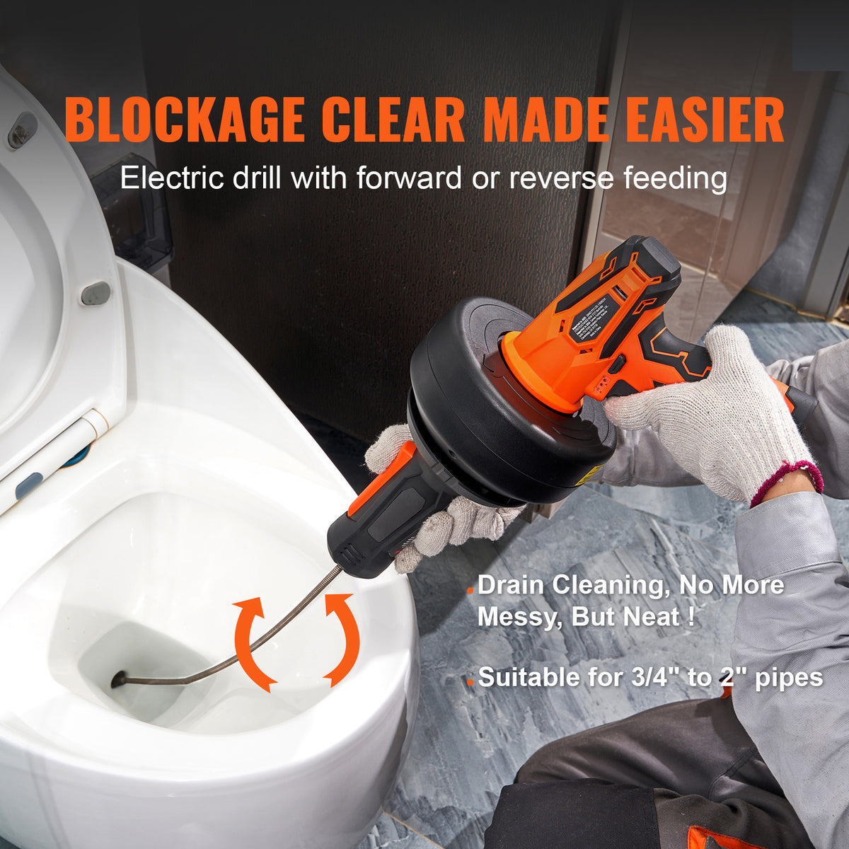 12V Electric Drain Auger, 25FT Cordless Plumbing Snake