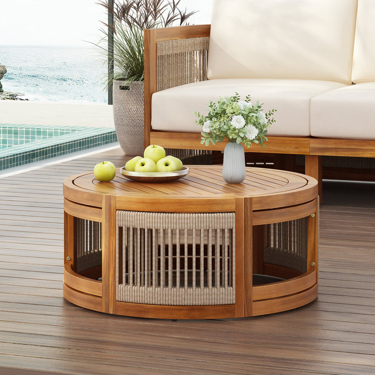 Acacia Wood Outdoor Coffee Table with Handwoven Rope Accent - view 2