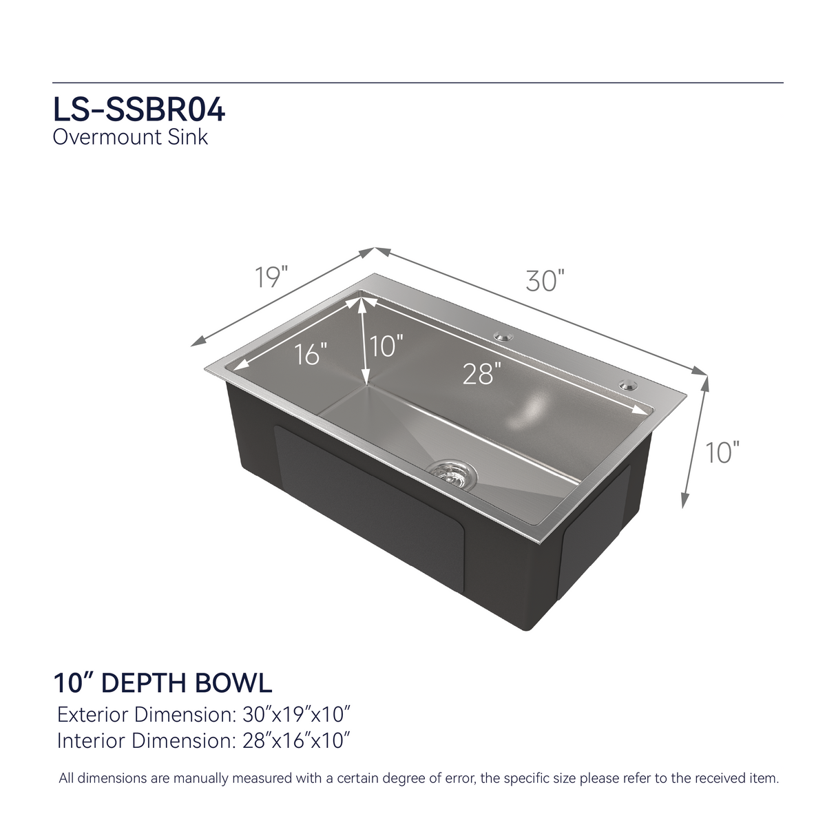 Stainless Steel Kitchen Sink, 30″x19″ Single Bowl, Overmount, Brushed Nickel