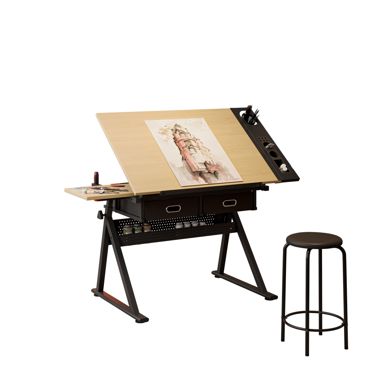 Adjustable Drawing Drafting Table Desk With 2 Drawers - Maple