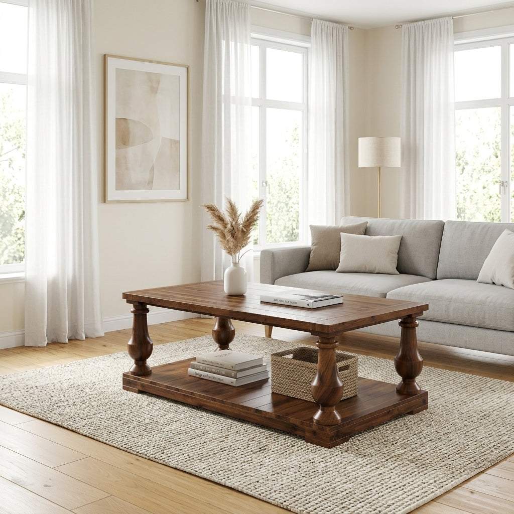 Farmhouse Coffee Table with Storage Shelf, Solid Pine Wood Turned Legs, Walnut