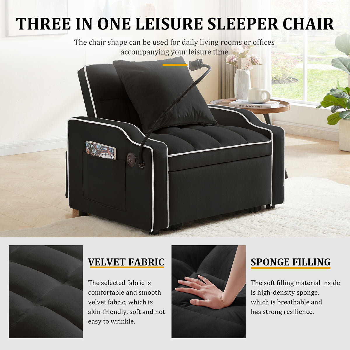 Sleeper Sofa Chair Bed - 3 In 1 Convertible Sofa