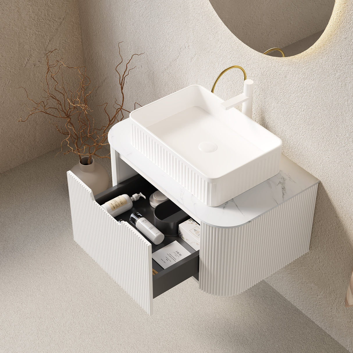 DINA 30" Bathroom Vanity & Sink with Floating Curved Edges and Storage Drawer