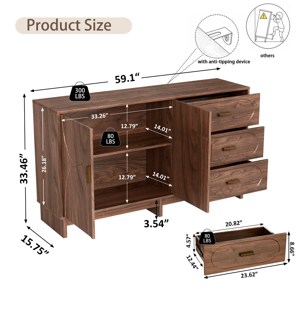 59.1" Buffet Sideboard with 2 Doors and 3 Drawers
