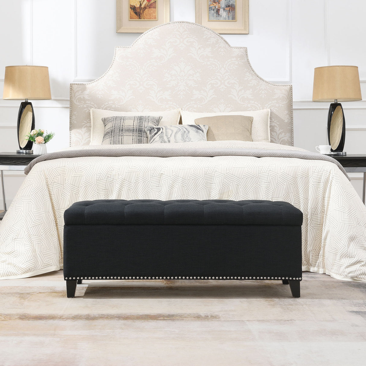 Button-Tufted Storage Ottoman With Safety Close Hinge