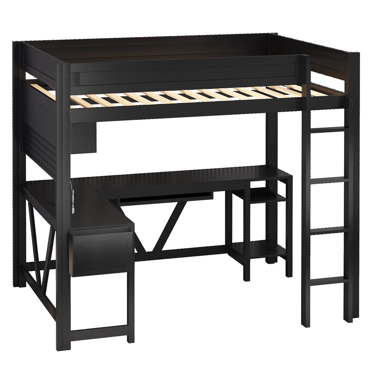 Gaming Loft Bed With Desk, Storage Shelves, LED And Charging Station