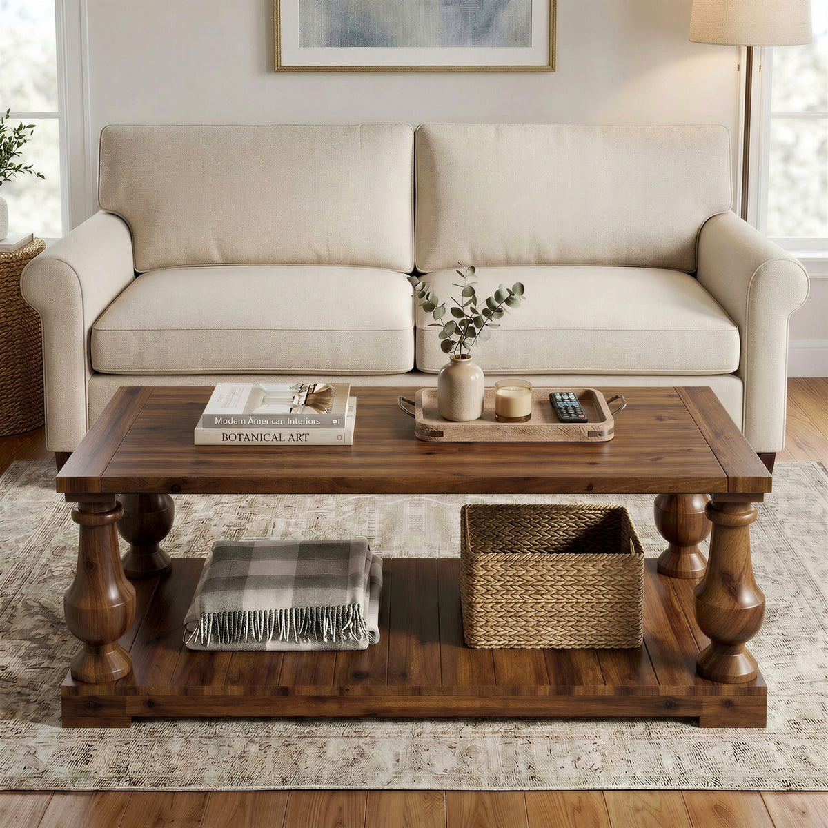 Farmhouse Coffee Table with Storage Shelf, Solid Pine Wood Turned Legs, Walnut