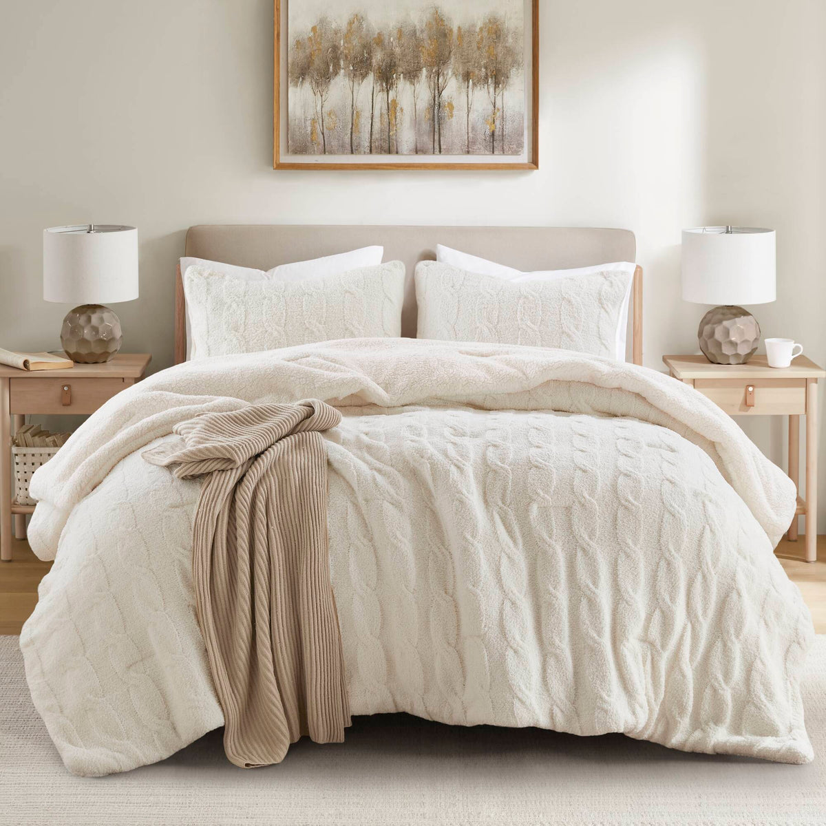 Twin Cable Knit Chenille Comforter Set with Sham - Ivory