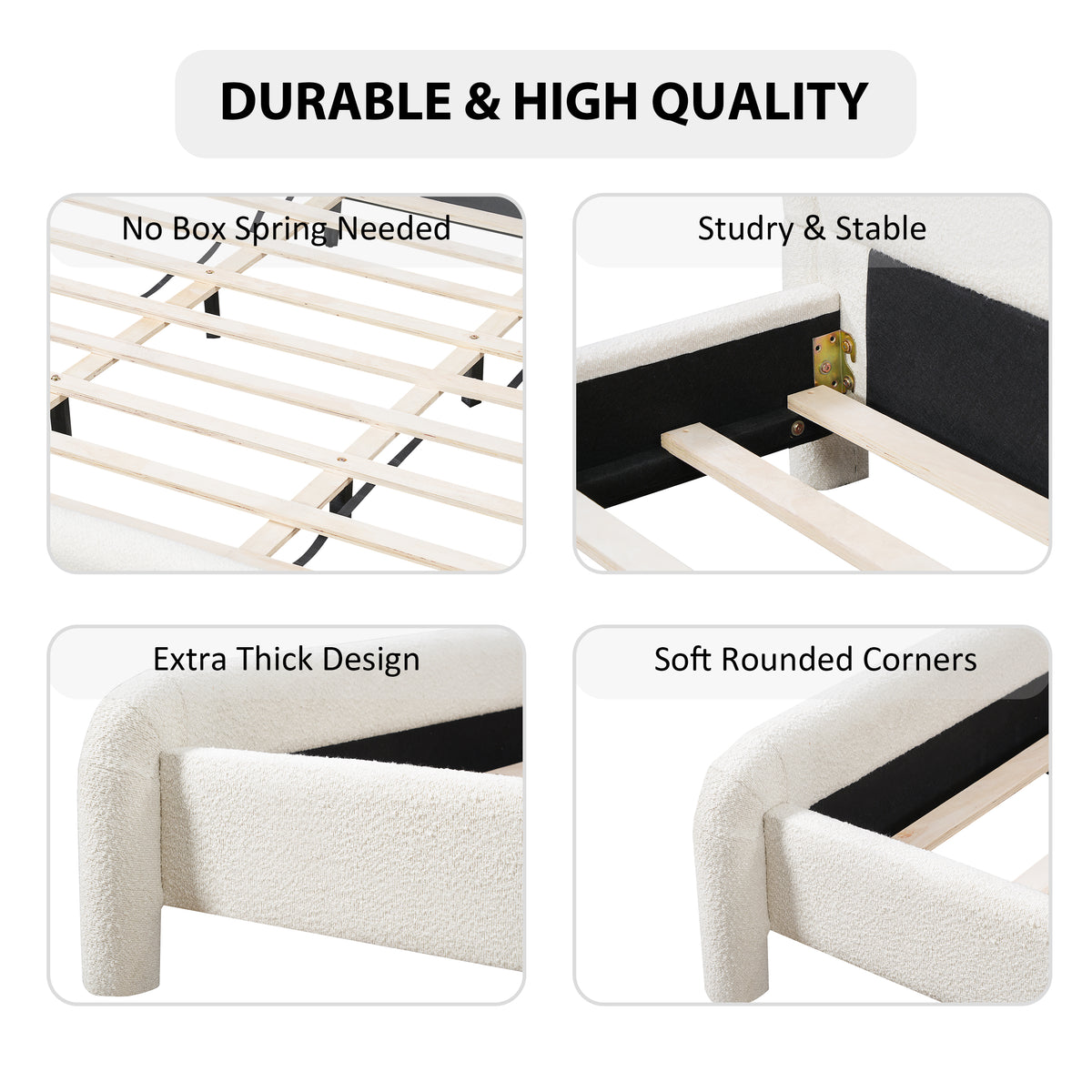King Size Upholstered Platform Bed Frame with Curved Headboard