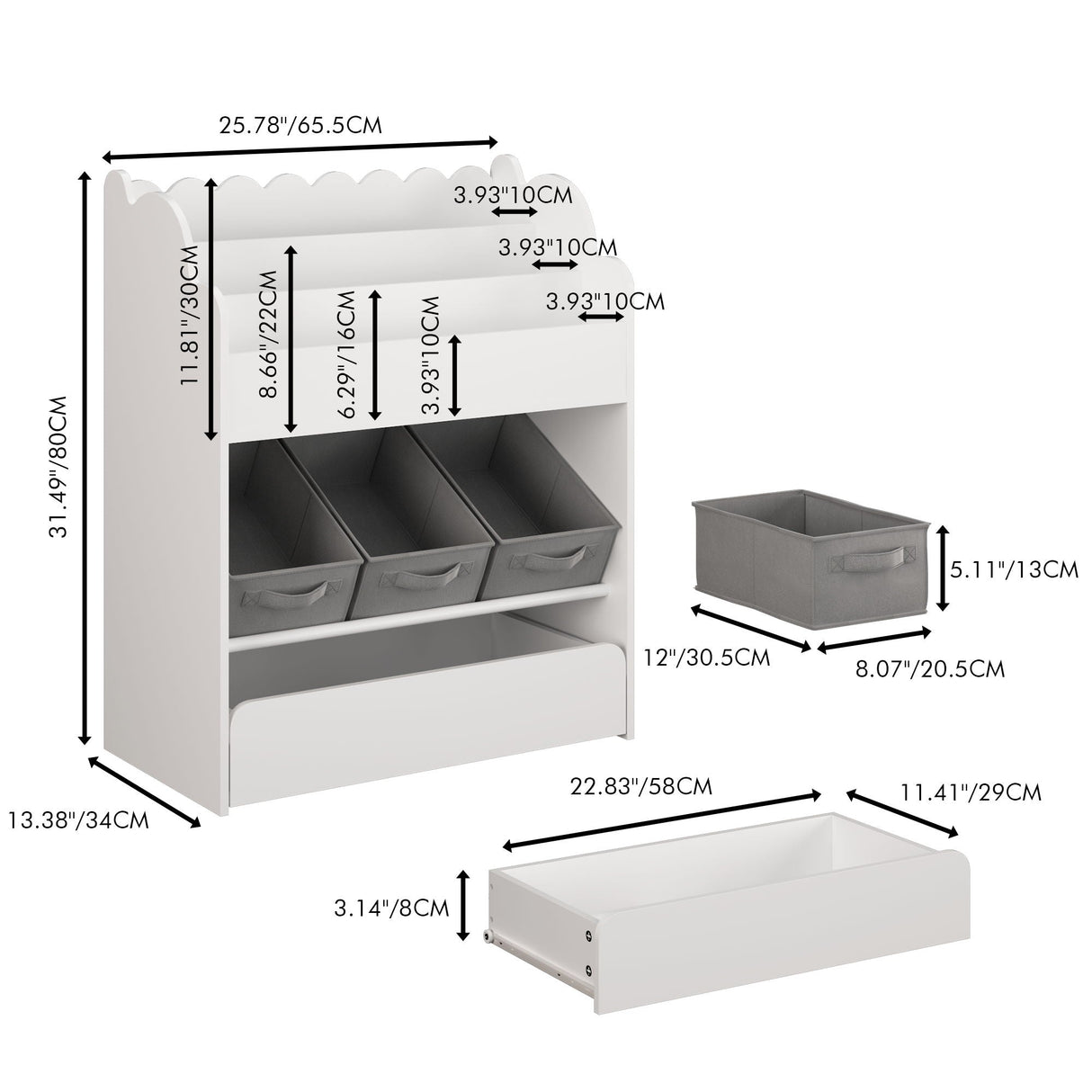 Bookshelf With Storage Bins And Drawer, Multi-Functional Book Organizer For Toddlers - White