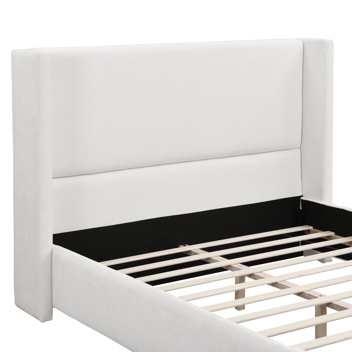 Elegant White Fabric Upholstered Wingback Bed, Queen