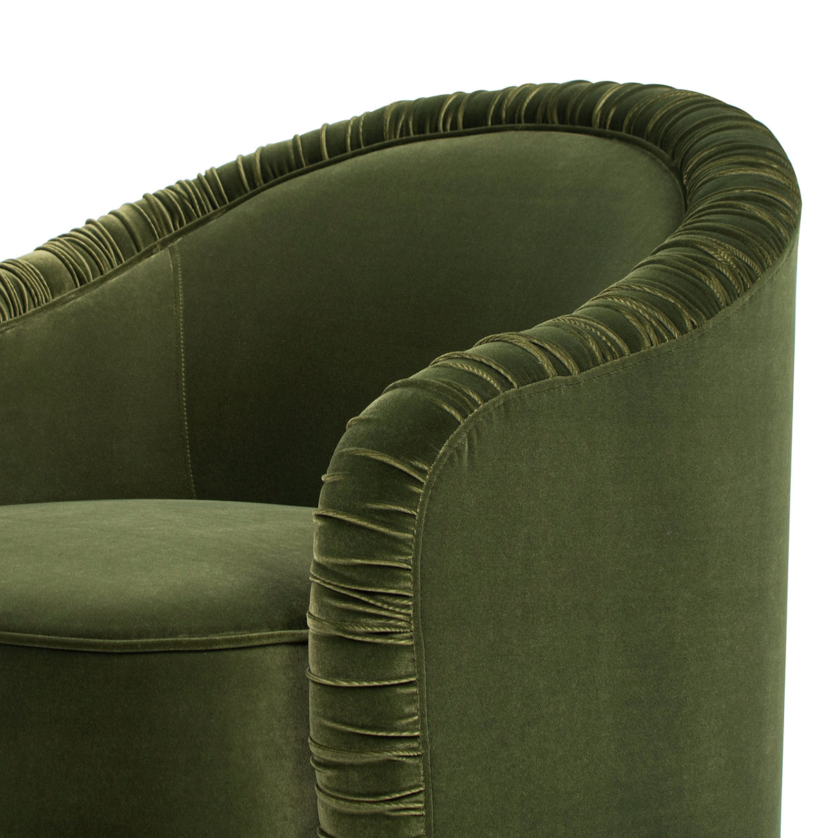 Serena 31.5" Ruched Barrel Back Accent Arm Chair with Bullion Fringe, Olive