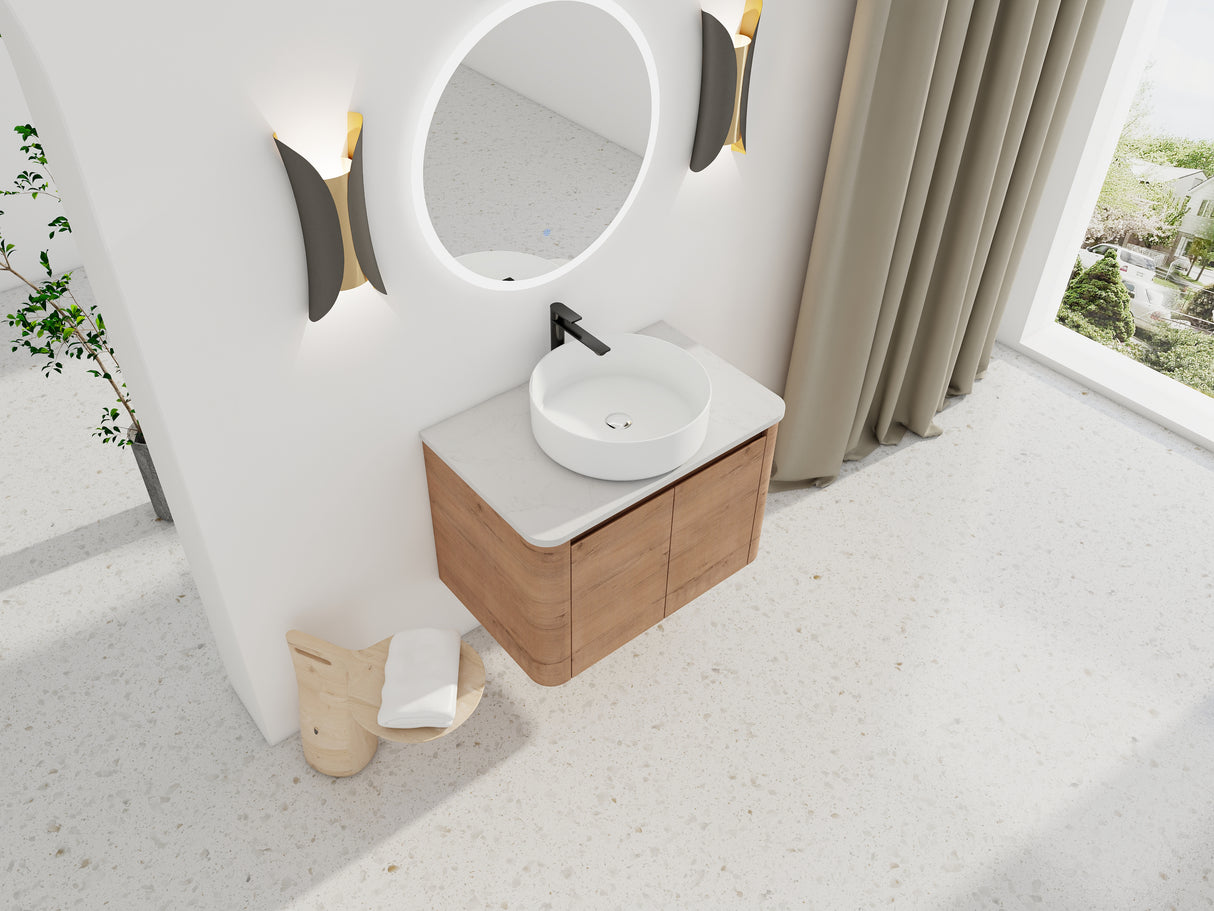 30" Wall-Mounted Bathroom Vanity With Ceramic Art Sink & 2 Soft-Close Doors