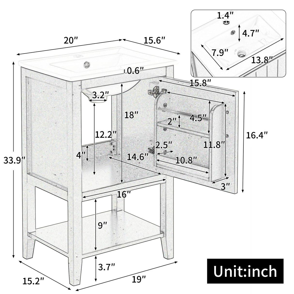 20" Bathroom Vanity with Sink and Storage Rack