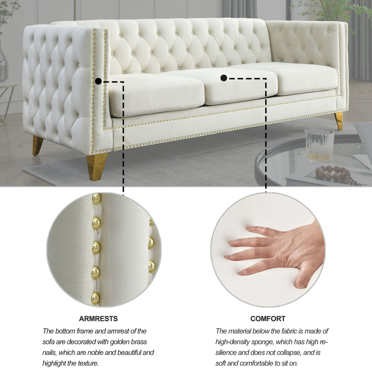 Modern Sofa With Button Tufting, Upholstered Couch For Living Room