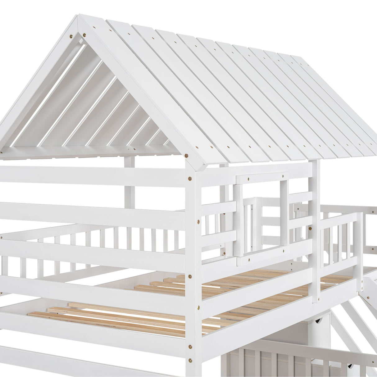 House Bunk Bed With Trundle, Storage Staircase, Roof And Window Design