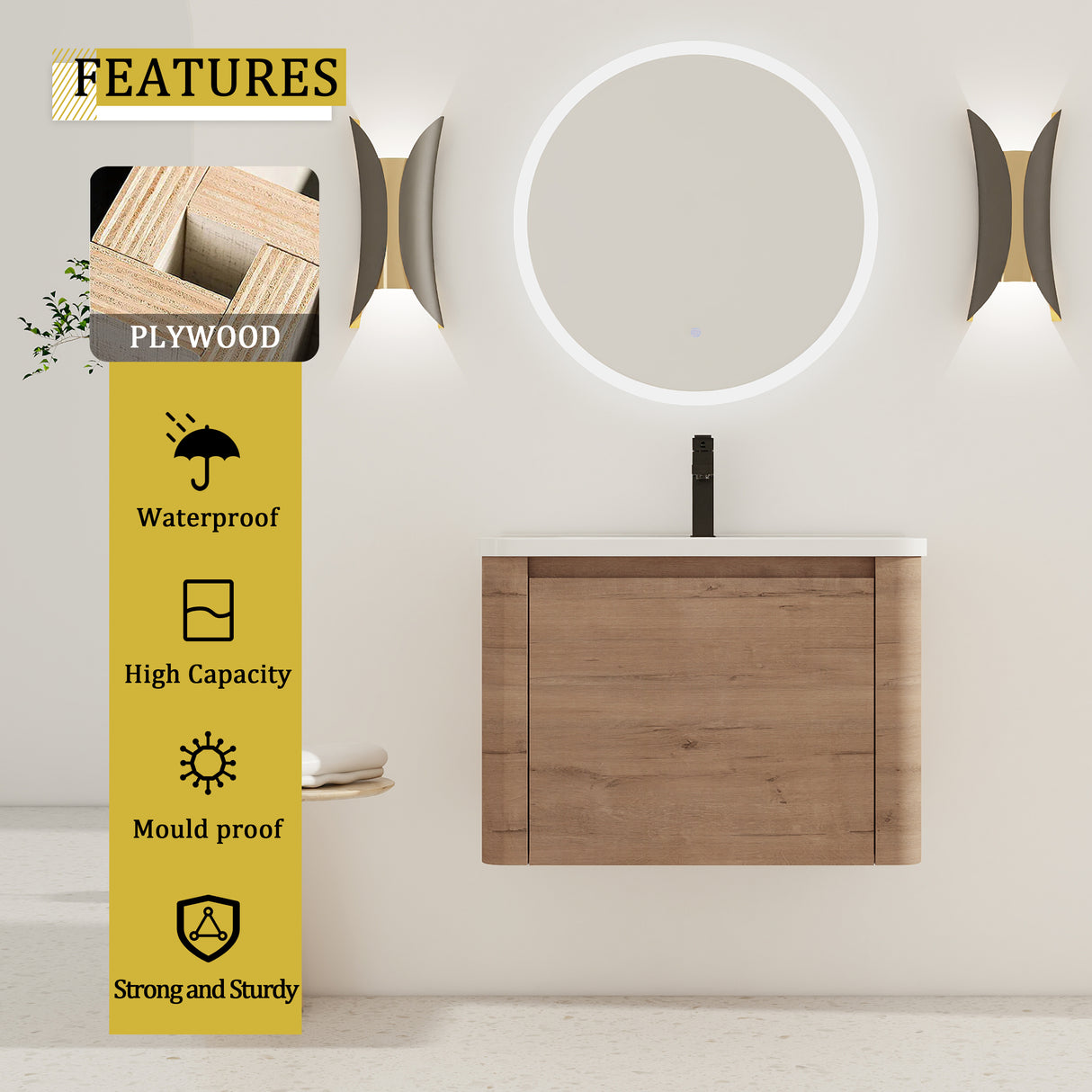 52" Wall-Mounted Bathroom Vanity with Ceramic Sink