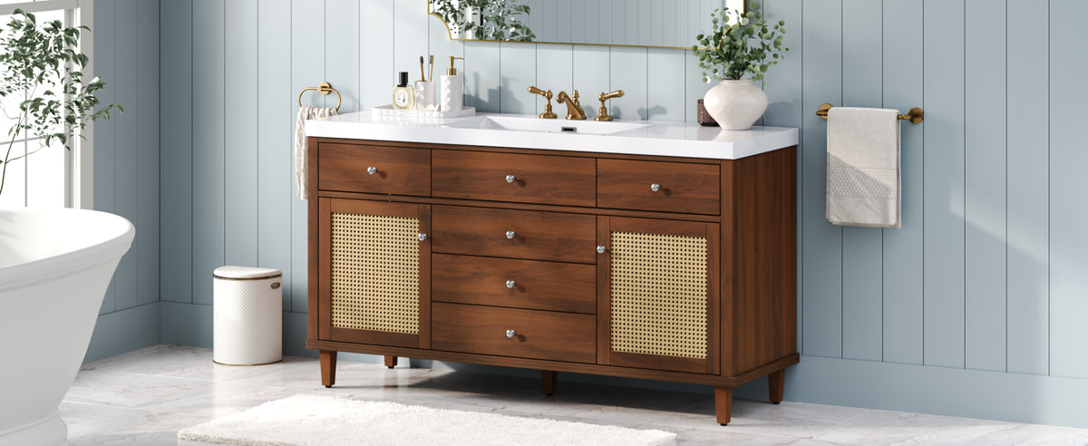 60-Inch Bathroom Vanity with SMC Sink, Brown Solid Wood and MDF, Soft-Close Drawers