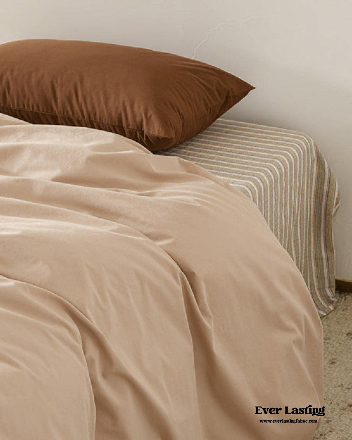 Ava Vintage Striped Cotton Bedding Set / Beige Solid