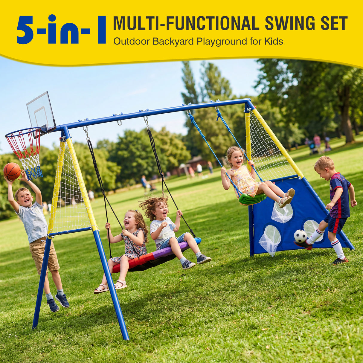 5-in-1 Kids Swing Set with Saucer Swing, Belt Swing, Basketball Hoop & Soccer Goal