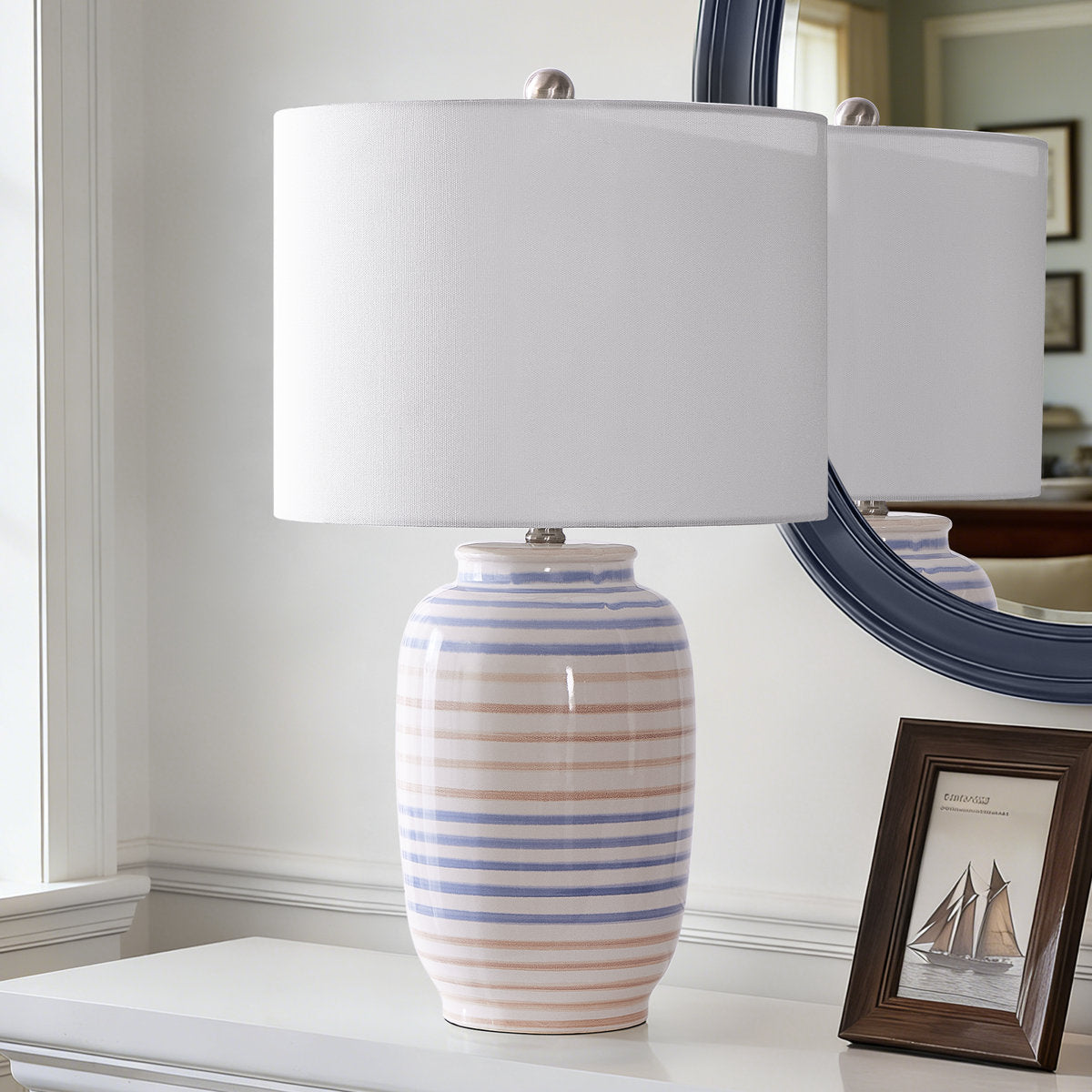Modern Ceramic Table Lamp, 25 Inches, White with Linen Shade