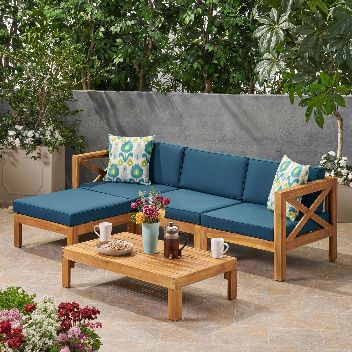 Radiat 5 Piece Outdoor L Shaped Sof Set With Coffee Table And Water Resistant Cushions - Teak - Best Buy Furniture