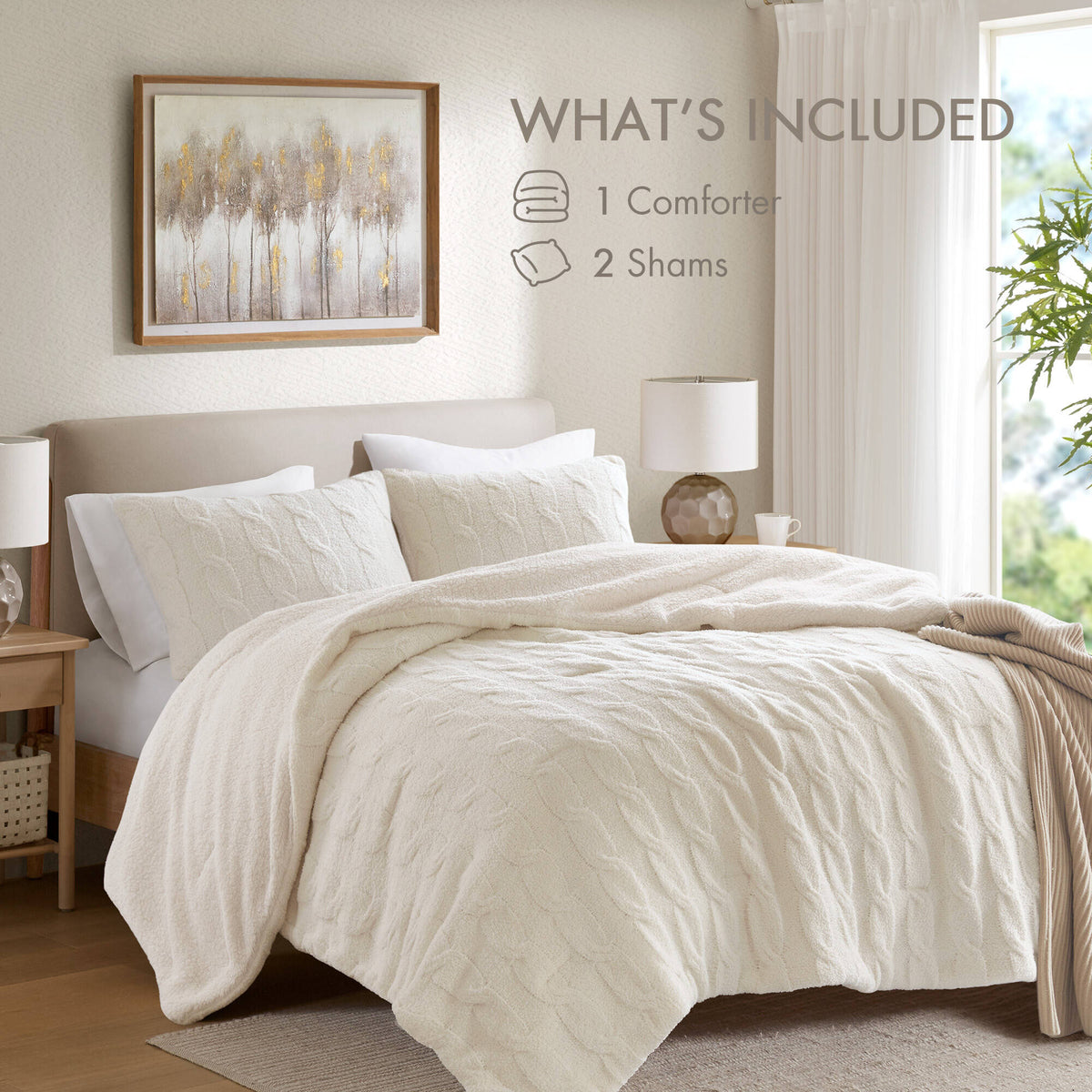 Twin Cable Knit Chenille Comforter Set with Sham - Ivory