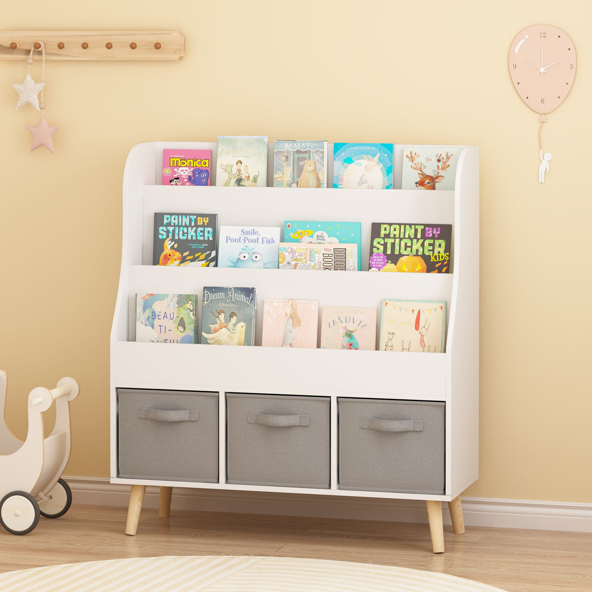 Bookshelf With 3 Bins, Storage Shelf For Toys And Books