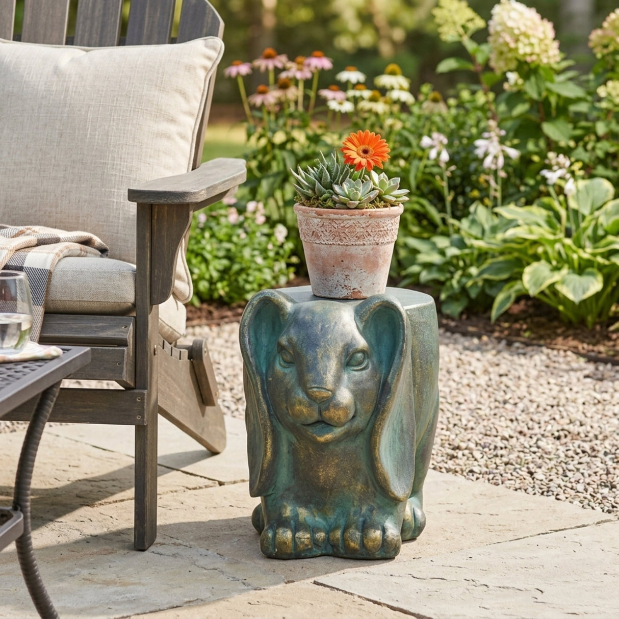 13inch High Rabbit Garden Stool, Lightweight Concrete, Gold Patina Finish, No Assembly Required