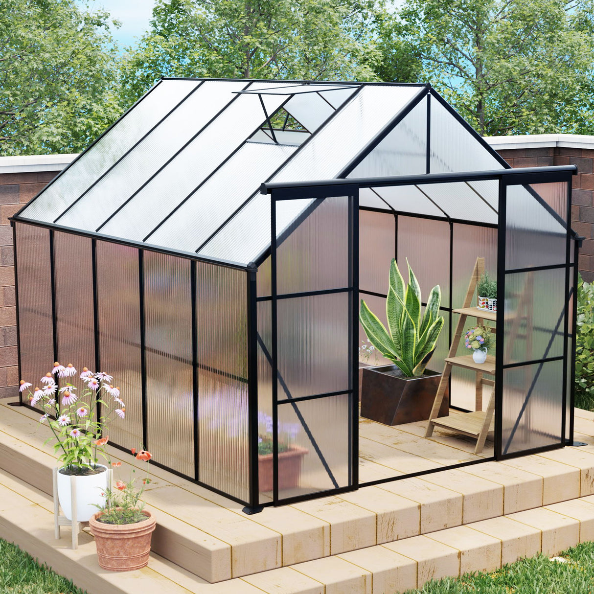 Double Door Polycarbonate house Raised Base And Anchor Aluminum Heavy Duty Walk In houses For Outdoor Backyard In All Season