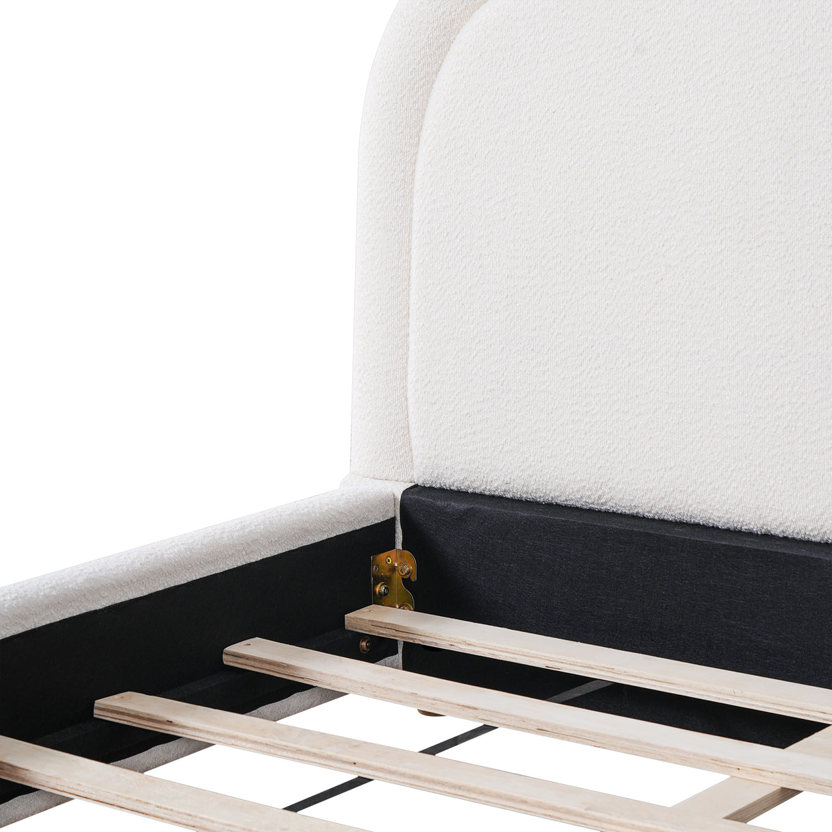 King Size Bed Frame With Boucle Upholstered Thick Curved Headboard, Solid Wood Legs