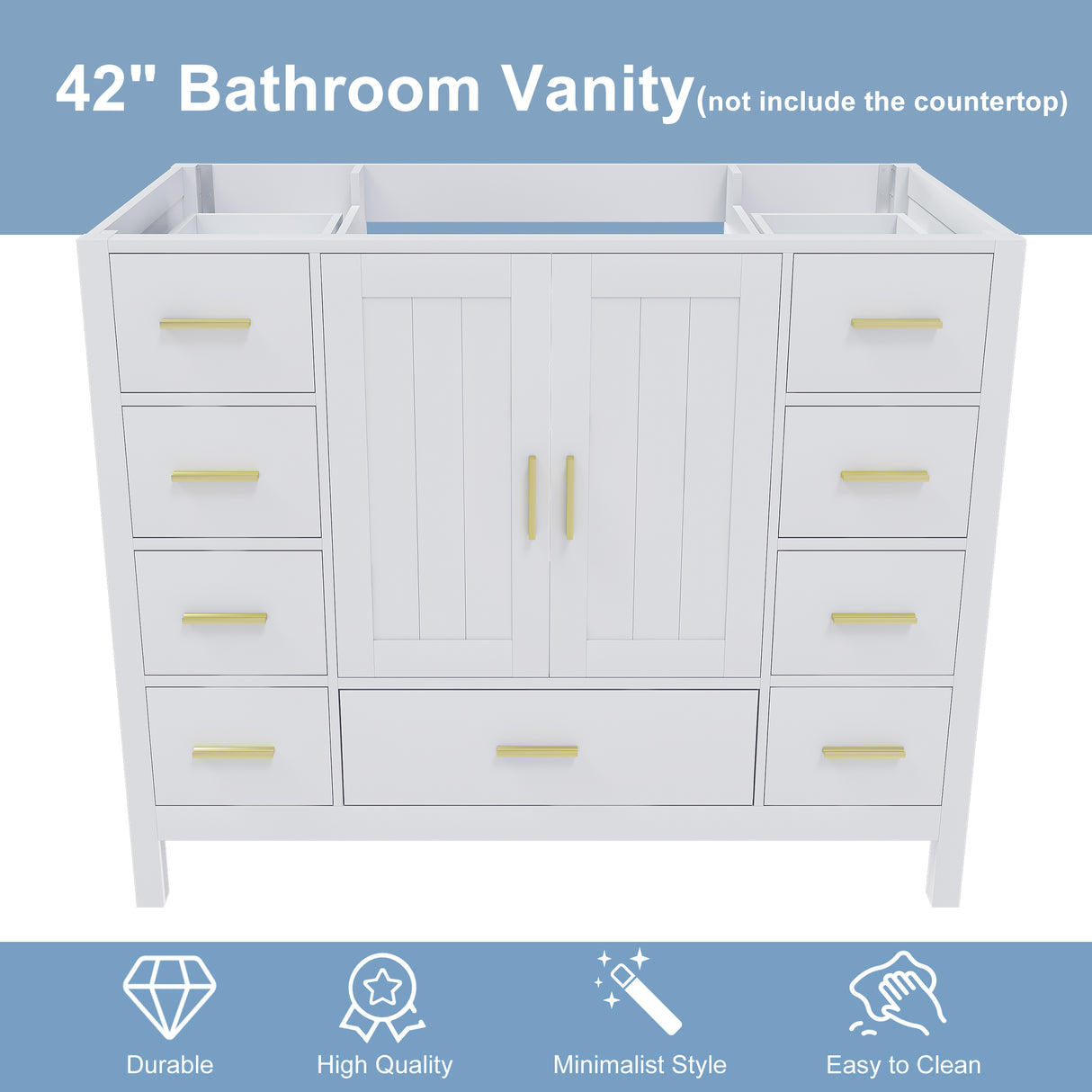42" Bathroom Vanity Base Cabinet with 2 Soft-Close Double Doors & 9 Smooth Drawers