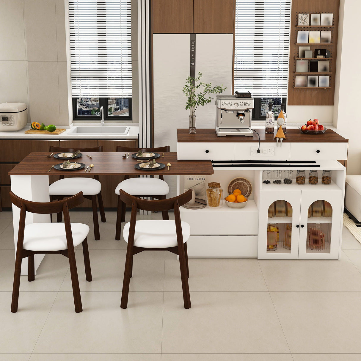 Retro Kitchen Island Set With Chairs, Extendable & Rotating Table, 4 Drawers & Door Cabinets
