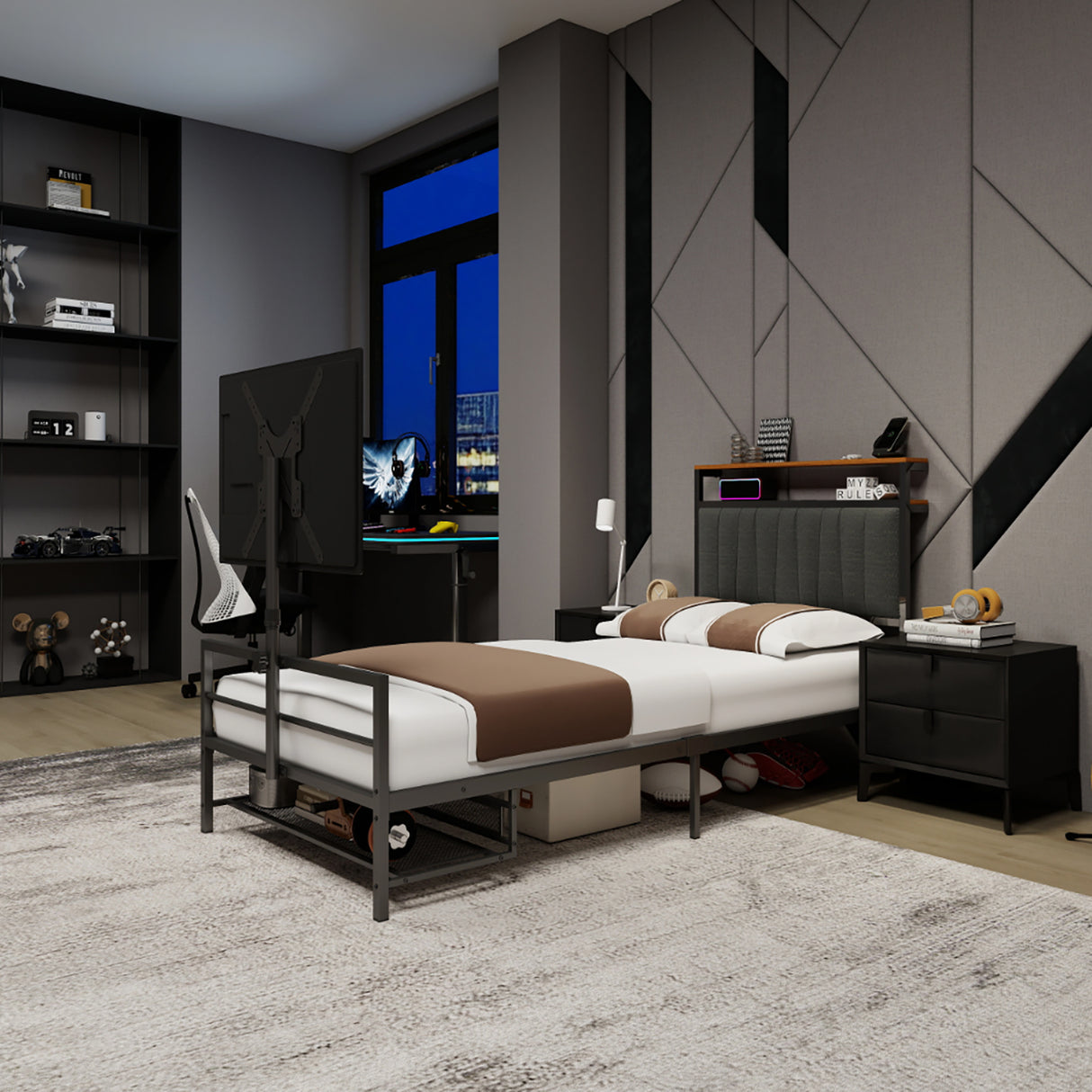 Twin Size Gaming Bed with Rotating TV Mount and LED Lighting