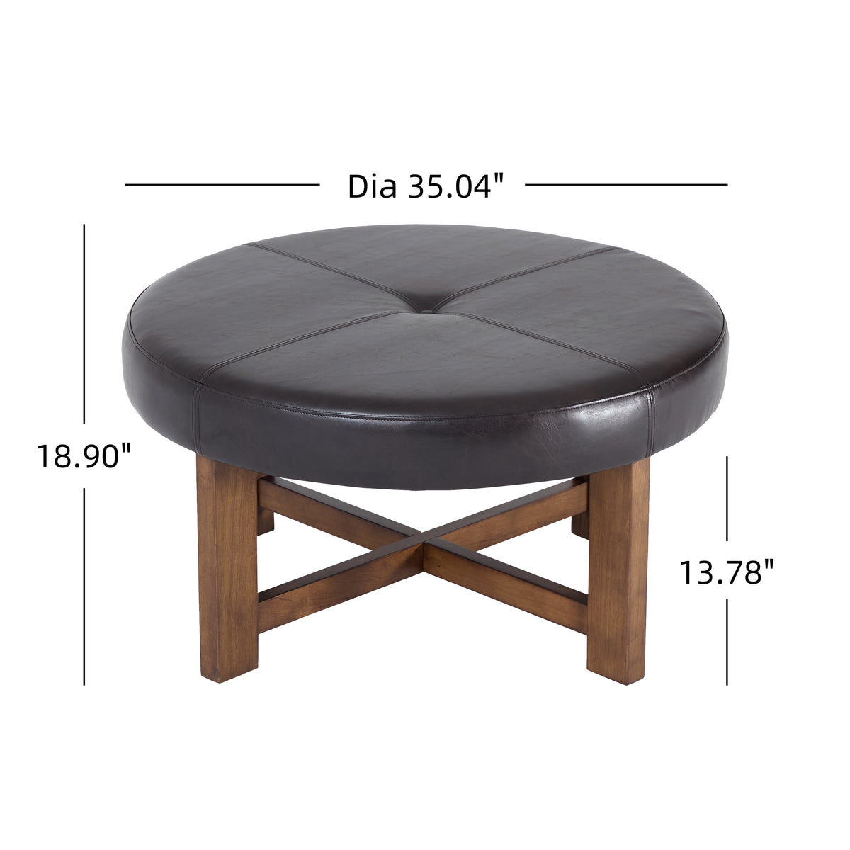 Round Leather Ottoman Coffee Table with Solid Wood Base