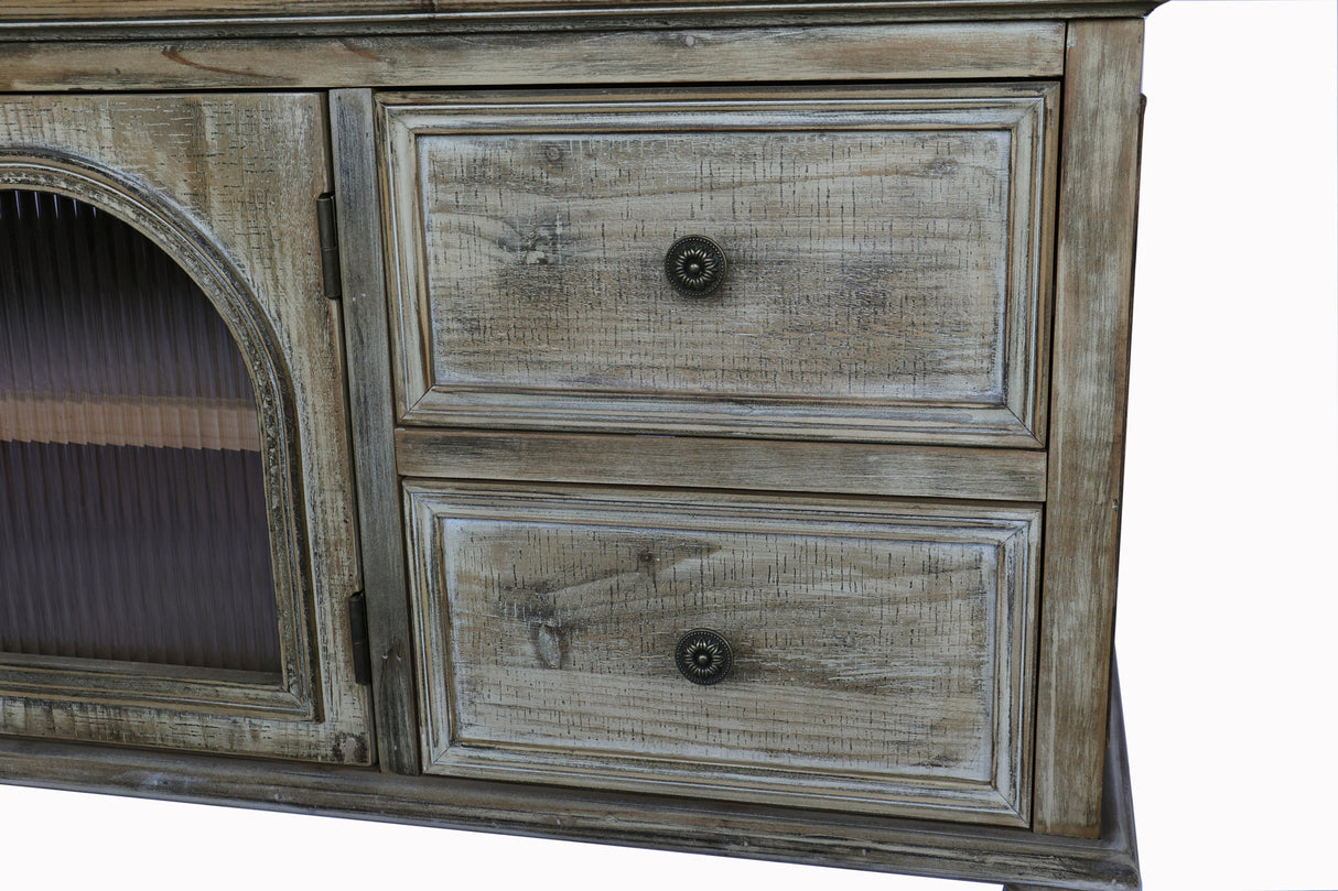 60" Farmhouse TV Stand with 4 Drawers & 2 Glass Doors
