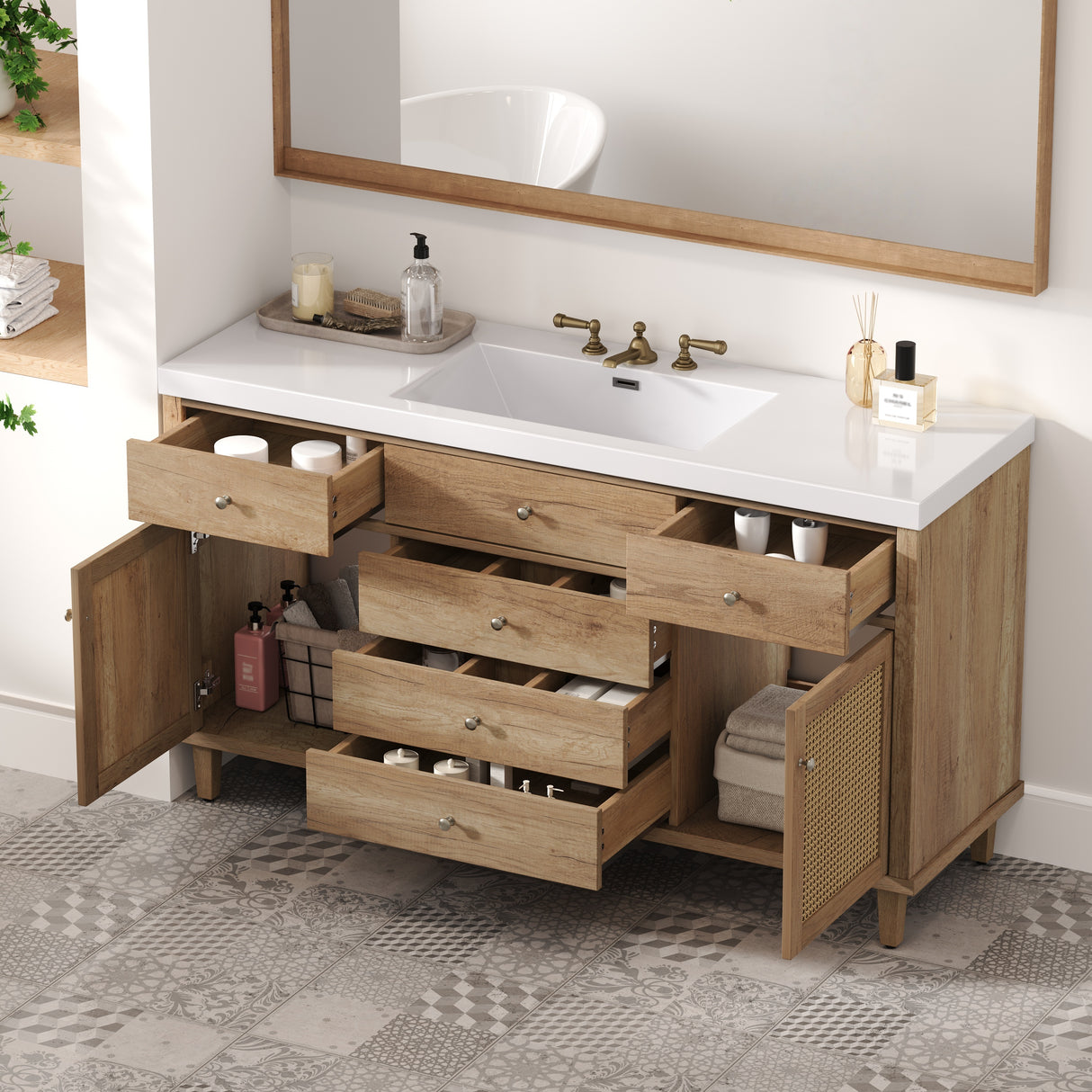 60" Bathroom Vanity with SMC Sink and Rattan Doors