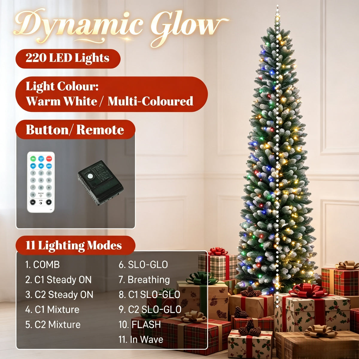 7ft Flocked Pencil Prelit Christmas Tree, Dual-Color