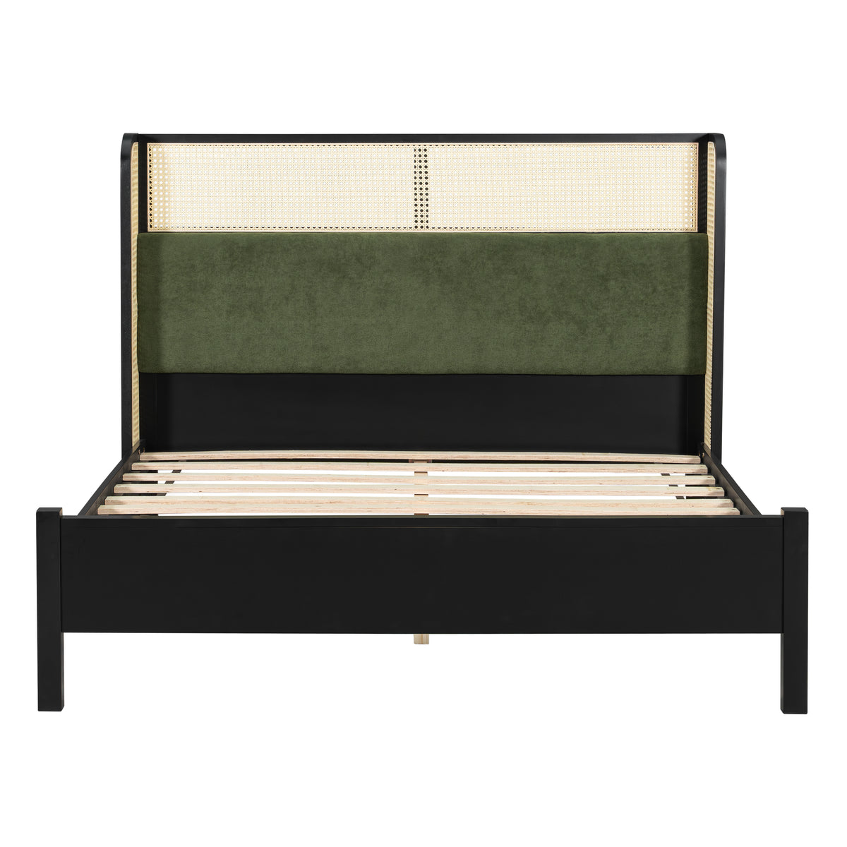 Queen Size Bed Frame with Plush Green Upholstered Headboard