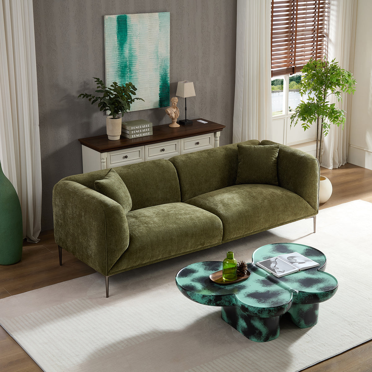 Modern 3-Seat Sofa, 82-Inch, Green Boucle Fabric