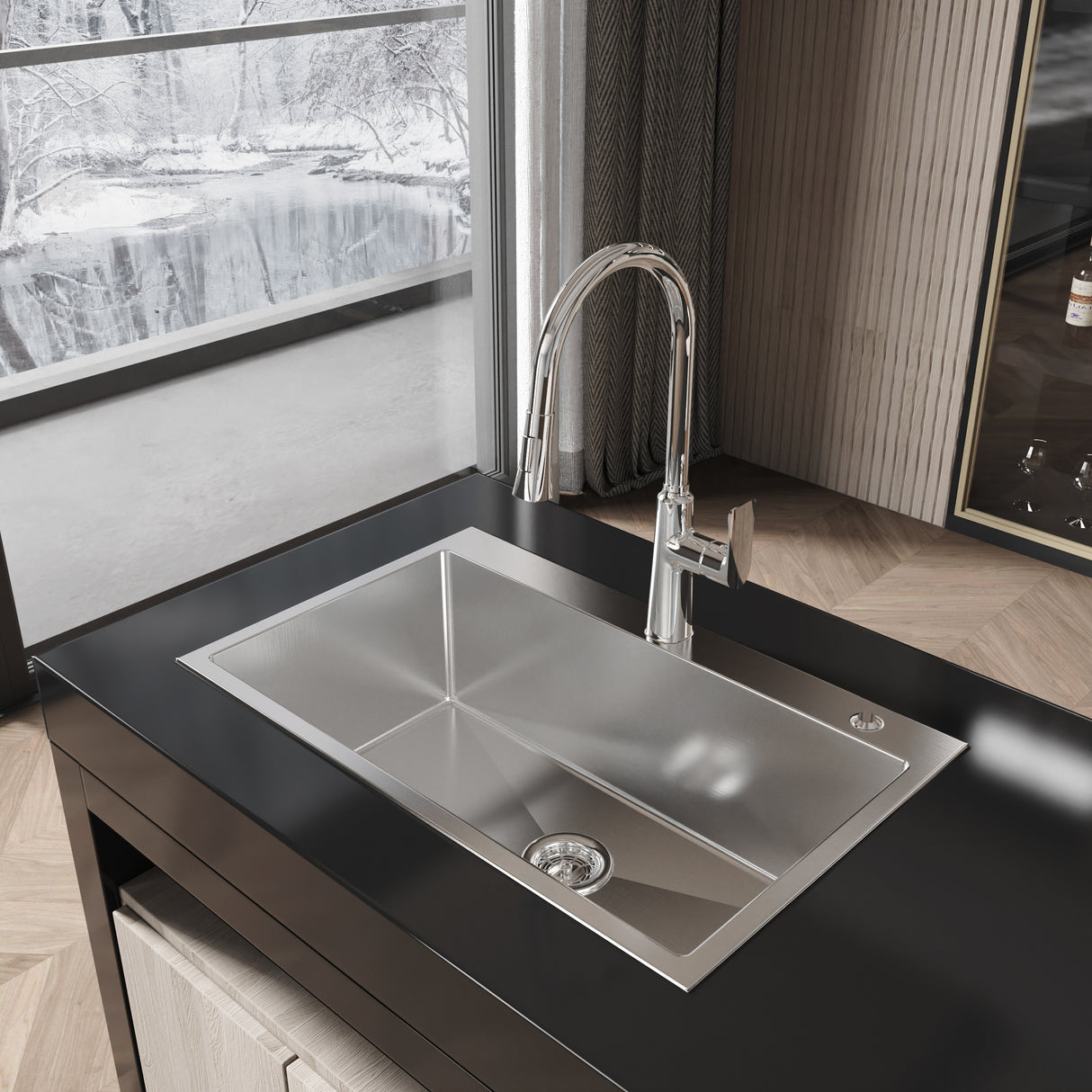 Stainless Steel Kitchen Sink, 30″x19″ Single Bowl, Overmount, Brushed Nickel