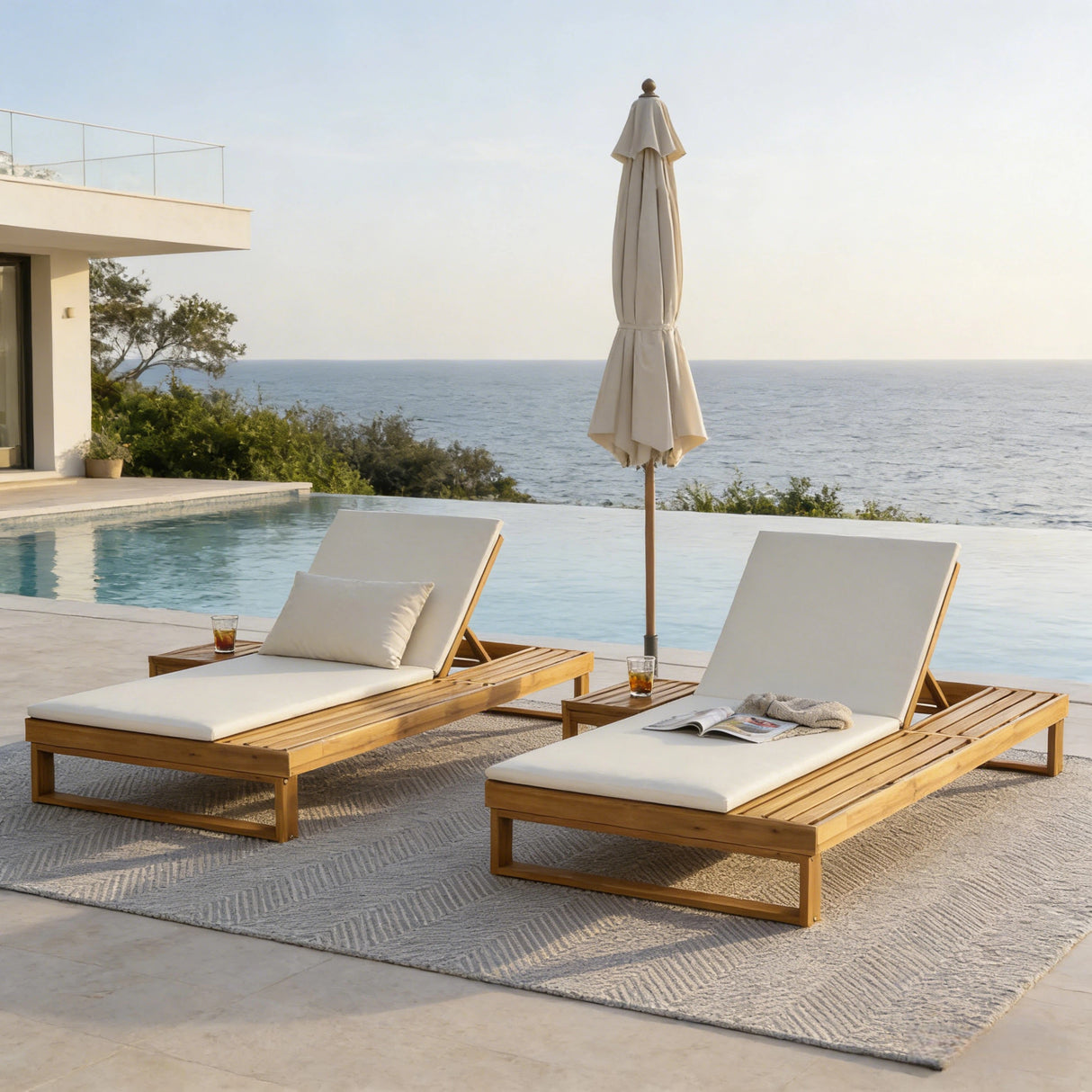Teak Finish Acacia Wood Chaise Lounge with 1.57-Inch Cushion
