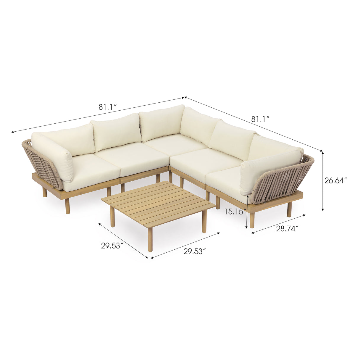 6-Piece Acacia Wood L-Shaped Modular Outdoor Sofa Set