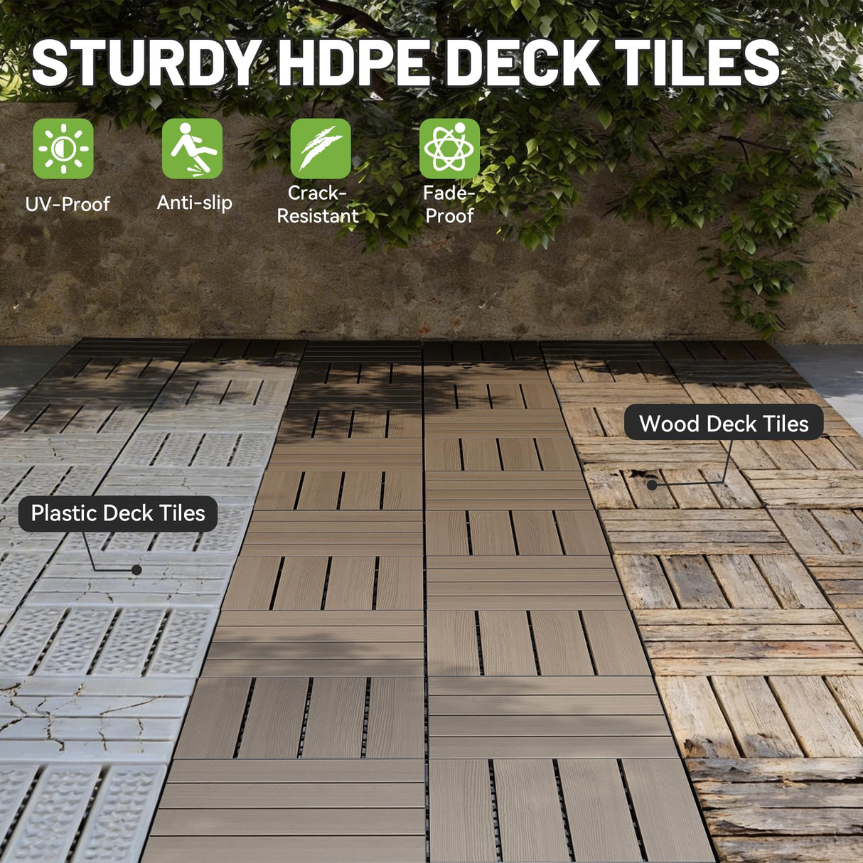 36 Pcs Interlocking Deck Tiles, 12" x 12" HDPE Outdoor Flooring