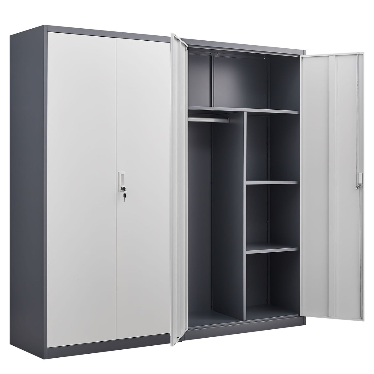 Wardrobe With Hanging Rod And Compartments, Lockable Closet With Locks & Keys For Bedroom - Gray